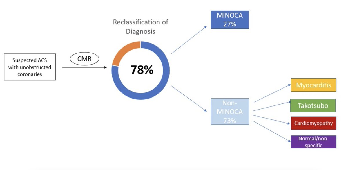 🧲Use of #WhyCMR leads to reclassification of diagnosis in 78% pts w/ suspected MINOCA & non MINOCA ❗️Among ACS pts w/ unobstructed coronaries, only 27% had MINOCA doi.org/10.1093/ehjci/… #EHJCVI #EACVI #CardioTwitter #CardioEd @EACVIPresident @ESC_Journals @chiarabd @PezelT