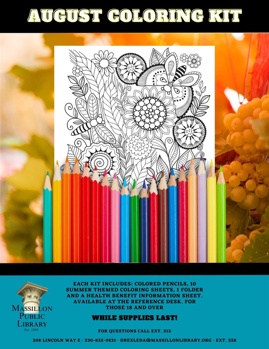 Beginning August 1, “Grab and Go” coloring kits for adults will be available to pick up at the Main Library!

For more coloring page options, visit our Coloring for Grown-Ups board on Pinterest! 

pinterest.com/massillonlib/c…