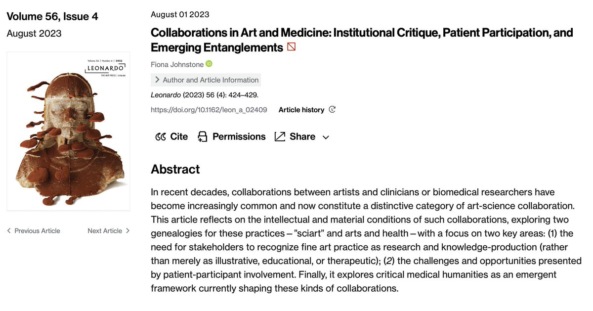My article 'Collaborations in Art & Medicine: Institutional Critique, Patient Participation, and Emerging Entanglements' is out in LEONARDO today! direct.mit.edu/leon/article-a… (DM me if you'd like to read but don't have institutional access)