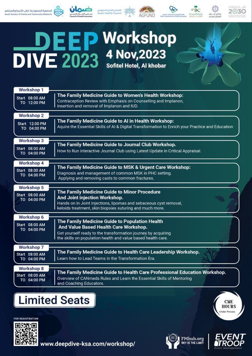 Fmhub_org's tweet photo. Have a look on Deep Dive conference workshops 😍
Join us and register in #Deep_Dive conference to get the chance to attend our exceptional hands on Workshops 🤿🤩
Our workshops are presented by special guests and highly qualified speakers 🏅🩺
🗓️4th of November 2023
📍Sofitel Hotel, Al-khobar
⭕️seats are limited
https://t.co/peJvEvVx53