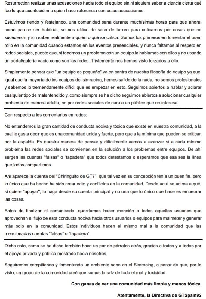 En vista de las acusaciones recibidas en estos días, nos hemos visto en la obligación de responder con un comunicado oficial

Es la 1a y única vez que GTS92 entra en este tipo de polémicas y nos gustaría que la comunidad del #simracing dejase las polémicas fuera de redes sociales