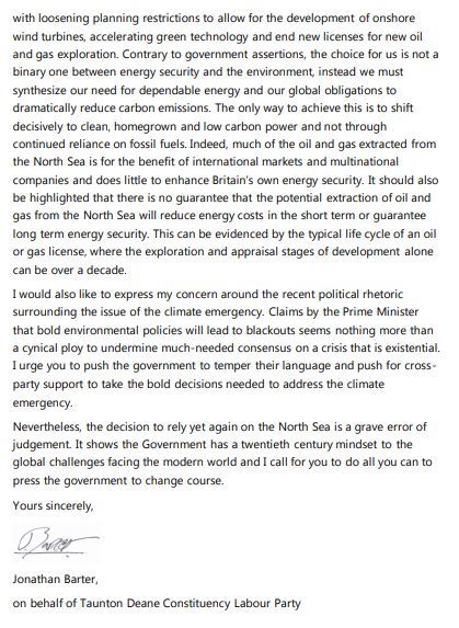 Today I sent my letter to <a href="/pow_rebecca/">Rebecca Pow</a> on behalf of <a href="/TauntonLabourUK/">Taunton Deane Labour Party</a> to express my concern about the issuing of North Sea oil and gas licenses. The government is showing a 20th century mindset to an existential challenge facing the modern world... 🌍 👇