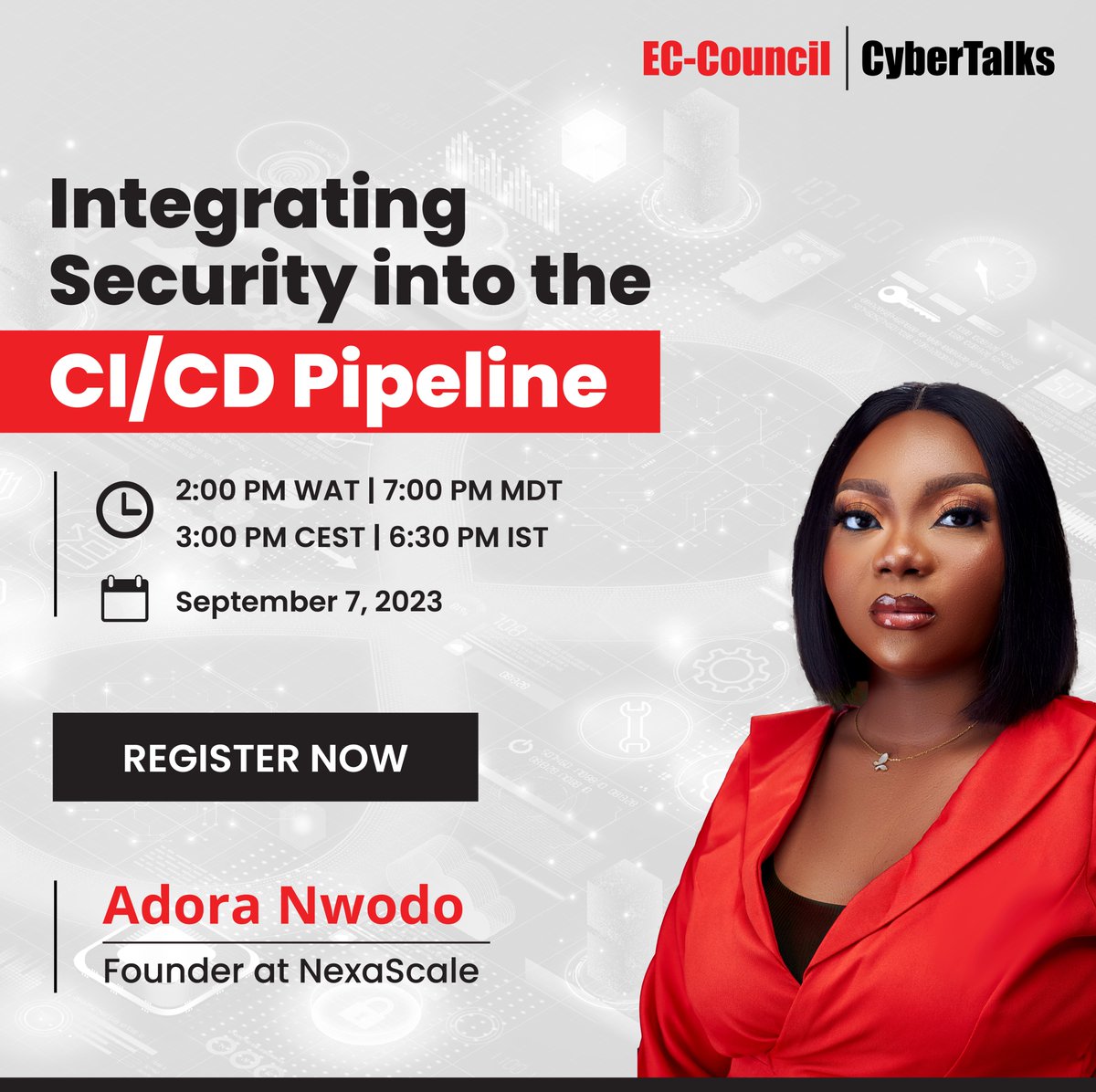 ECCOUNCIL's tweet photo. New #Webinar invite. Join us on September 7th to explore the importance of integrating #Security into your CI/CD pipeline and tackle risks head-on to improve #ApplicationSecurity. Register now: https://t.co/gllef8CGR4
#ECCouncil #CICDSecurity #DevSecOps #ECDE https://t.co/hB12POtNcQ