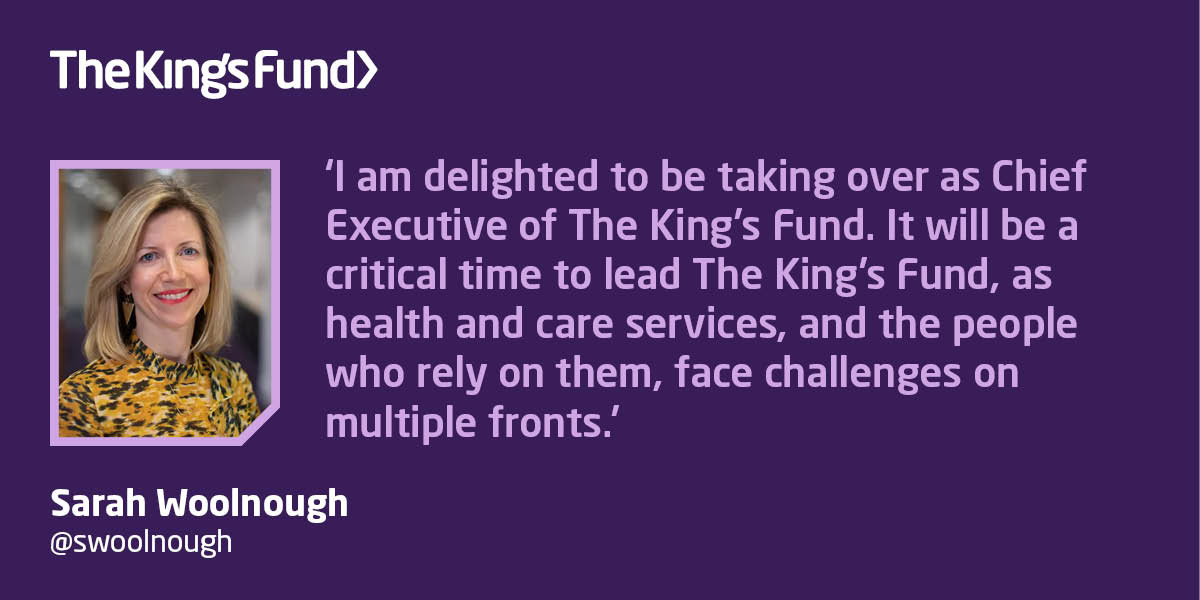 The King's Fund (@thekingsfund) on Twitter photo Weāre delighted to announce that <a href="/swoolnough/">Sarah Woolnough</a>, current Chief Executive of <a href="/asthmalunguk/">Asthma + Lung UK</a>, has been appointed as the new Chief Executive of The Kingās Fund. Head to our website to read the full statement: kingsfund.org.uk/press/press-re⦠Weāre delighted to announce that <a href="/swoolnough/">Sarah Woolnough</a>, current Chief Executive of <a href="/asthmalunguk/">Asthma + Lung UK</a>, has been appointed as the new Chief Executive of The Kingās Fund. Head to our website to read the full statement: kingsfund.org.uk/press/press-reā¦