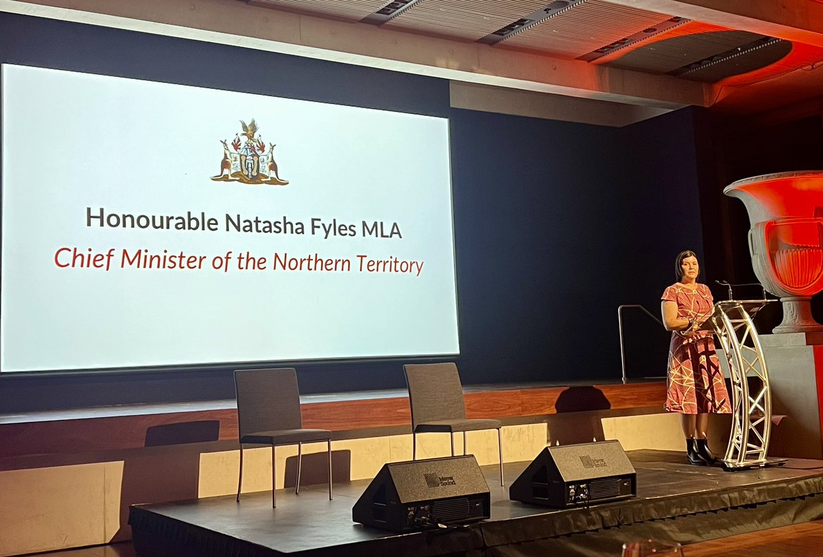 Moving performance by Ngulmiya, songman and ceremony leader from Arnhem Land in Northern Territory, followed by a speech from Natasha Fyles, Chief Minister of NT, during dinner at National Gallery of Australia (1 Aug)