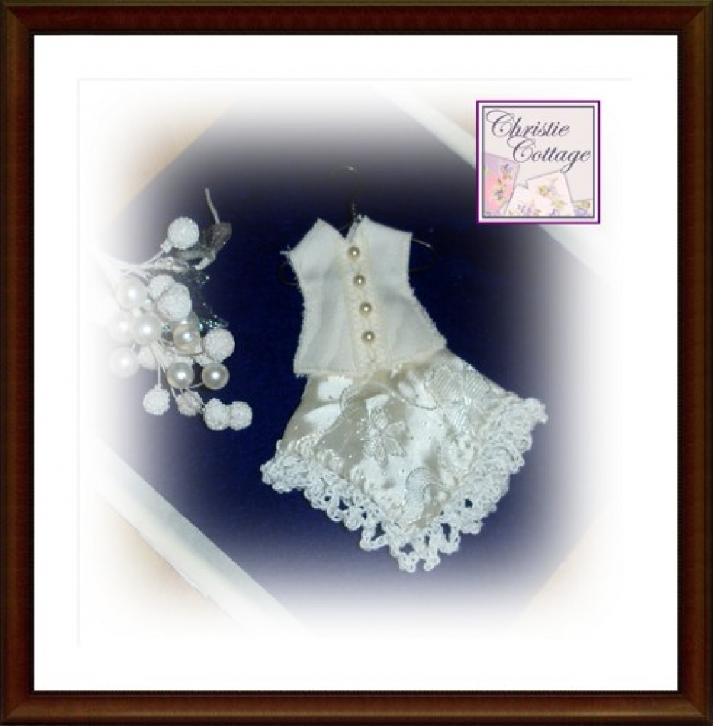 Ivory Miniature Wedding Dress, Handkerchief for shadowbox | Christie Cottage buff.ly/43QjAmq via @christiecottage #ejwtt #Wedding #BridalGift