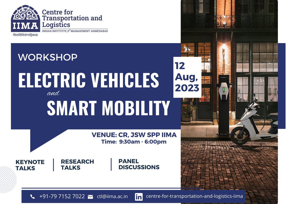 Join the <a href="/CTLatIIMA/">Centre for Transportation and Logistics</a> for a one-day #workshop on 'Electric Vehicles and Smart Mobility' on Saturday, August 12, 2023.

The workshop includes keynote speeches, research talks and panel discussions by distinguished guests.

Link to register: lnkd.in/d4Uk2u_r