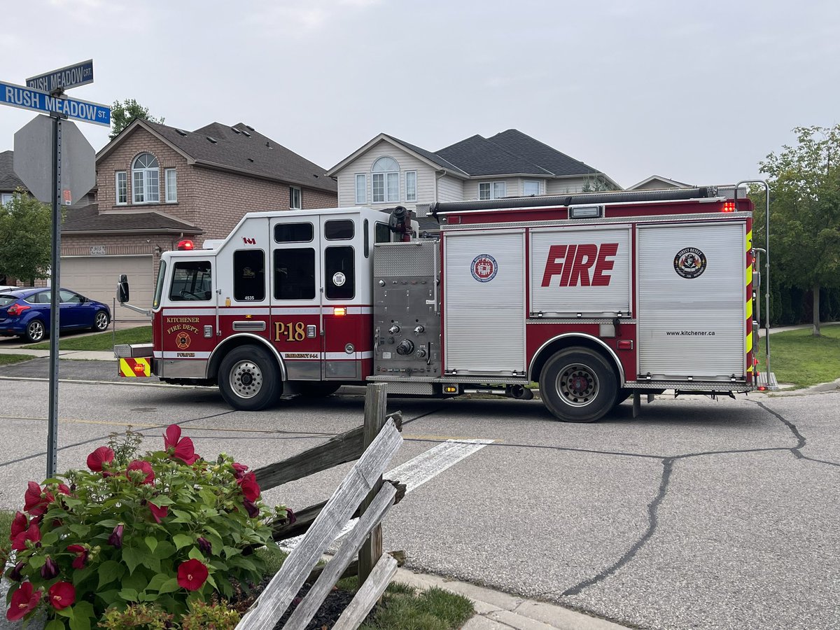 GoereeReport's tweet photo. Emergency crews are on scene at Rush Meadow Court in Kitchener in what witnesses are saying is a fire on the top floor of a house https://t.co/GDtplhySB3