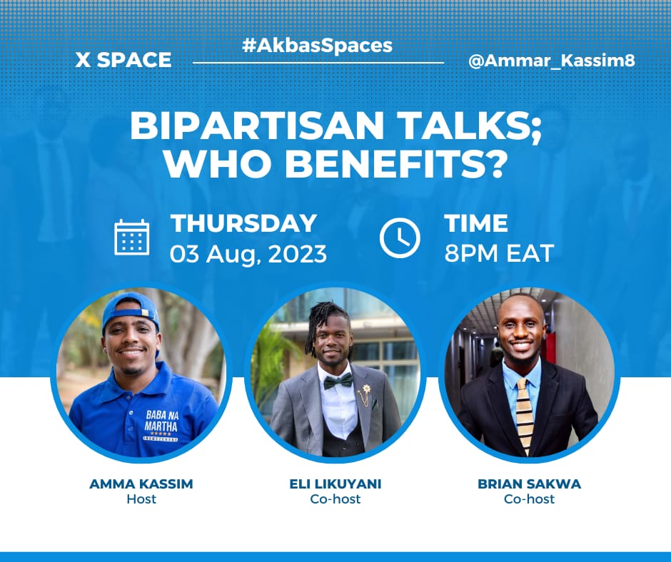 Mizani254's tweet photo. Thursday as we  host the biggest conversation on @skmusyoka  led #Bipartisan with @KenyaKwanza hosted by  @Ammar_Kassim8  @BrianSakwa101 and @elly_likuyani What are goodies? Who stands to benefit?#Akbasspaces #Governance #thescorecard2223 #ArtinHeart https://t.co/JnmqvL7BIc