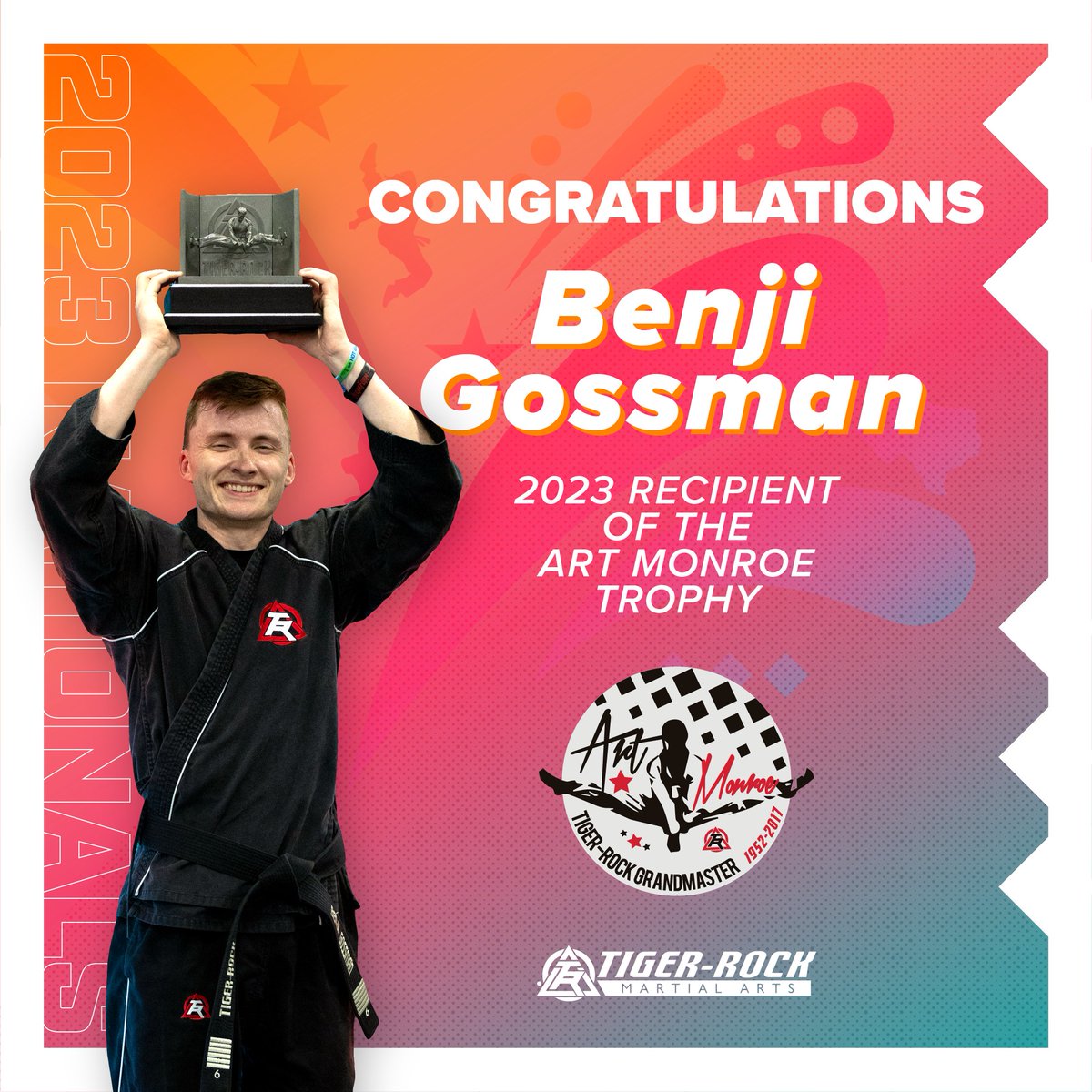 TigerRockMA's tweet photo. 🎉 Congratulations to Benji Gossman, our 2023 recipient of the Art Monroe Trophy! 🏆 Get ready to hear from Benji in an exclusive interview as he accepts this prestigious award. Stay tuned! 🎉 #ArtMonroeTrophy #Accomplishment #InterviewComingSoon #tigerrock #martialarts #trnc40 https://t.co/MR8TIvjriA