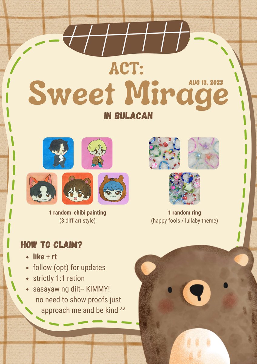 yeonhoe7's tweet photo. ⟡ ° ｡ ⋆ ꒰ act: sweet mirage freebies ꒱ . . 
fan support by @yeonhoe7 ⋆ ｡ °

  ୨ freebie inclusions ୧

      ⌕ 1 tubatu chibi paint
      ⌕ 1 random ring

💬 . . see you on d-day moas !

  .ᐟ  #TXTinBulacan #TXT_ASM_TOUR_in_BULACAN #ACT_SWEET_MIRAGE_BULACAN @TXT_members https://t.co/VQZTDjAdyx
