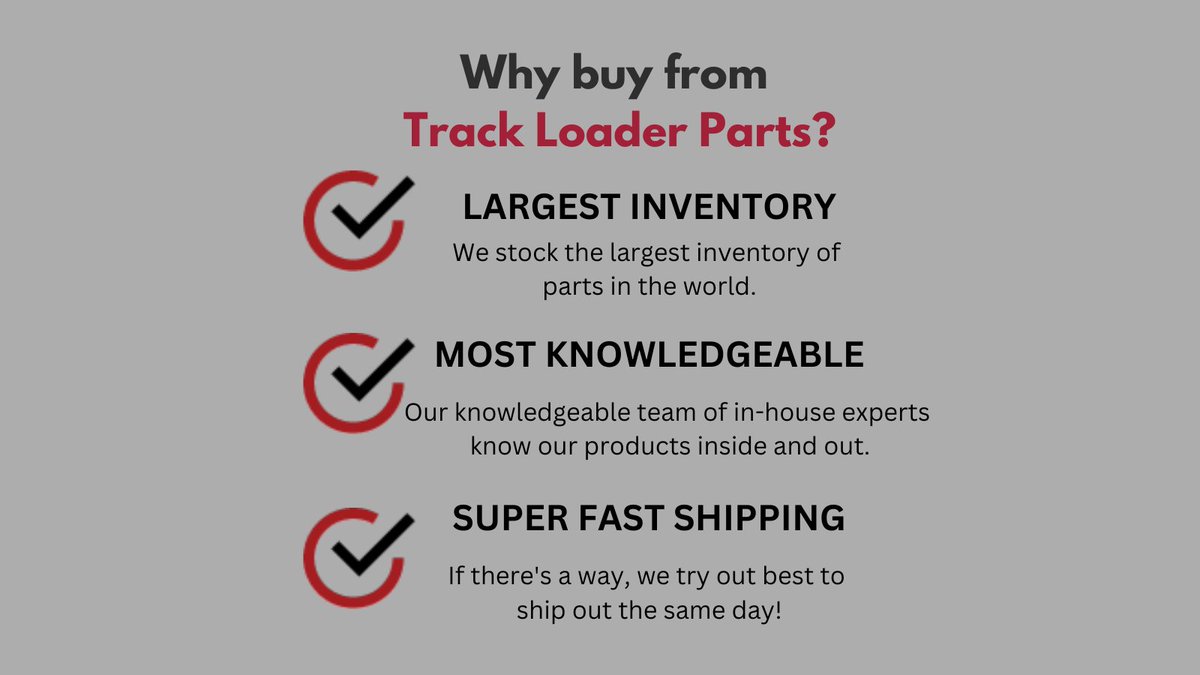 Largest Inventory ✔️
Most Knowledgeable ✔️
Super Fast Shipping ✔️

Give us a call at (877) 857-7209. Our experts will answer all of your questions!

#WeHaveTheParts #TrackLoaderParts #OrderParts #PartsSource #ExpertCustomerService #LargestInventory #SameDayShipping