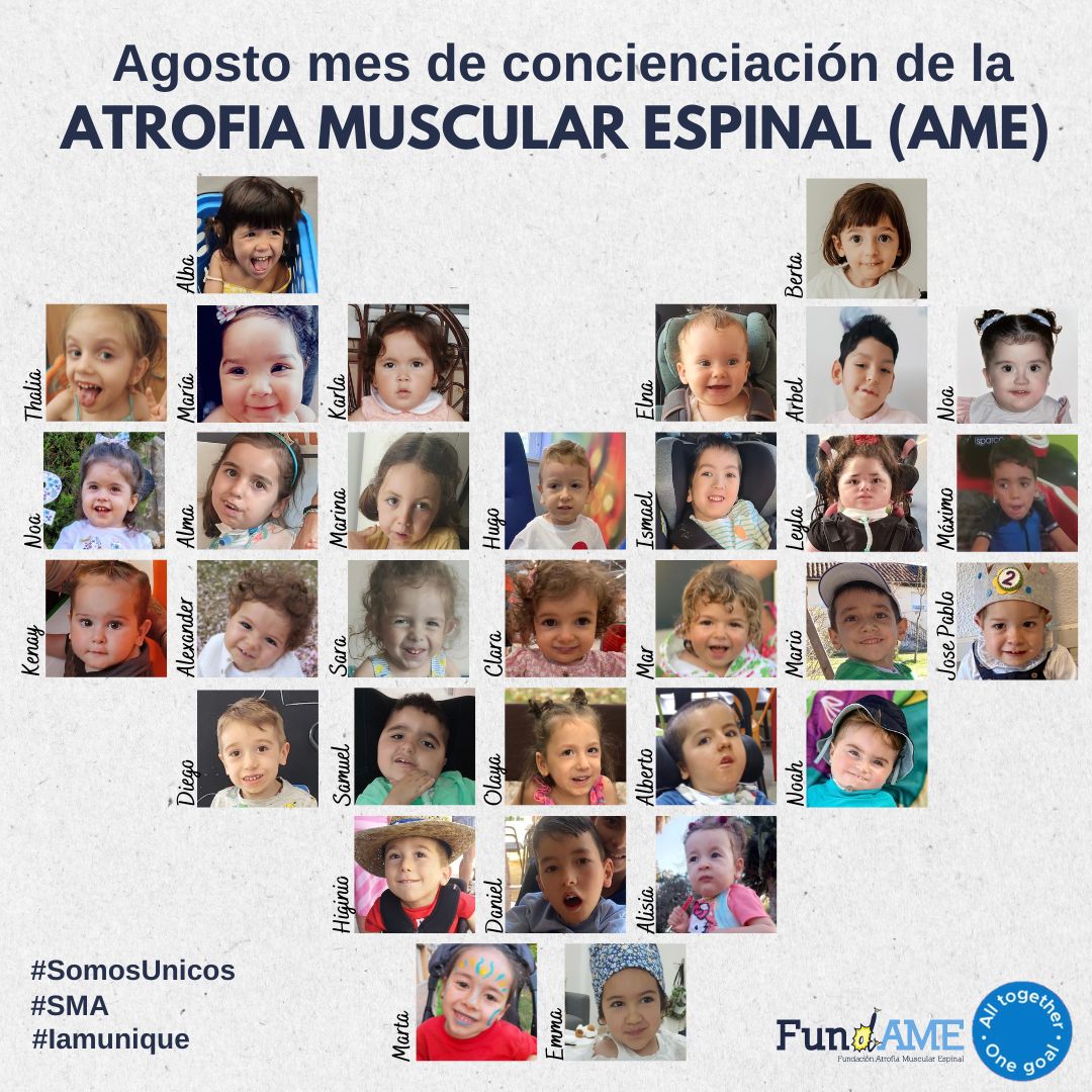 FundameNet's tweet photo. En el mes de concienciación de la atrofia muscular espinal, os presentamos a algunos de los niños y niñas con AME tipo I. La AME es una enfermedad neurodegenerativa de origen genético, muy grave, que afecta a bebés, niños, jóvenes y adultos  #SomosUnicos #StopAME #MESAME #SMA https://t.co/9KBkSTyqvD
