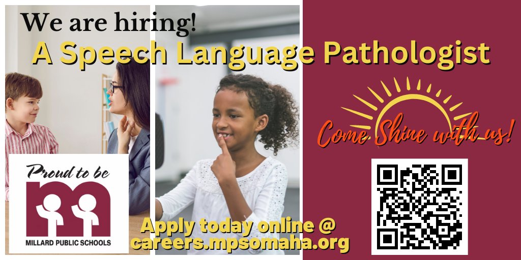 MPSHR's tweet photo. We have an opportunity for a resourceful, child-centered speech-language pathologist! Apply today and come SHINE with Millard Public Schools! #SHINEwithMPS #Proud2bMPS @MPSHR #SchoolSpeech-LanguagePathologist #Hiring https://t.co/Oyq7jyN7cv