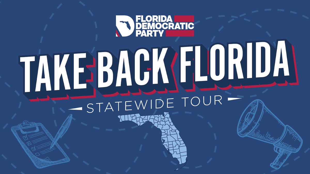 PartidoDemFL's tweet photo. Buenos días Florida!

Llegó la hora de rescatar a Florida #TakeBackFL! Hoy hacemos el lanzamiento oficial de nuestra gira estatal con las primeras paradas en los condados:

1️⃣ Volusia 
2️⃣ Orange 
3️⃣ Seminole https://t.co/l5acrD4qya