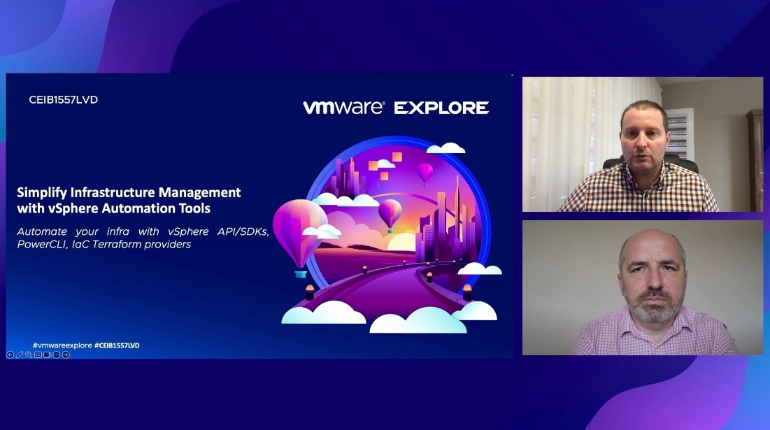 VMware_API_team's tweet photo. Watch our VM Explore session "Simplify Infrastructure Management with vSphere Automation Tools". Will be released to the on-demand library August 25! We will share more about vSphere API/SDKs, PowerCLI, Power Actions and VMware Terraform providers. #VMwareExplore #APIs #SDK https://t.co/axXgkc0J9O
