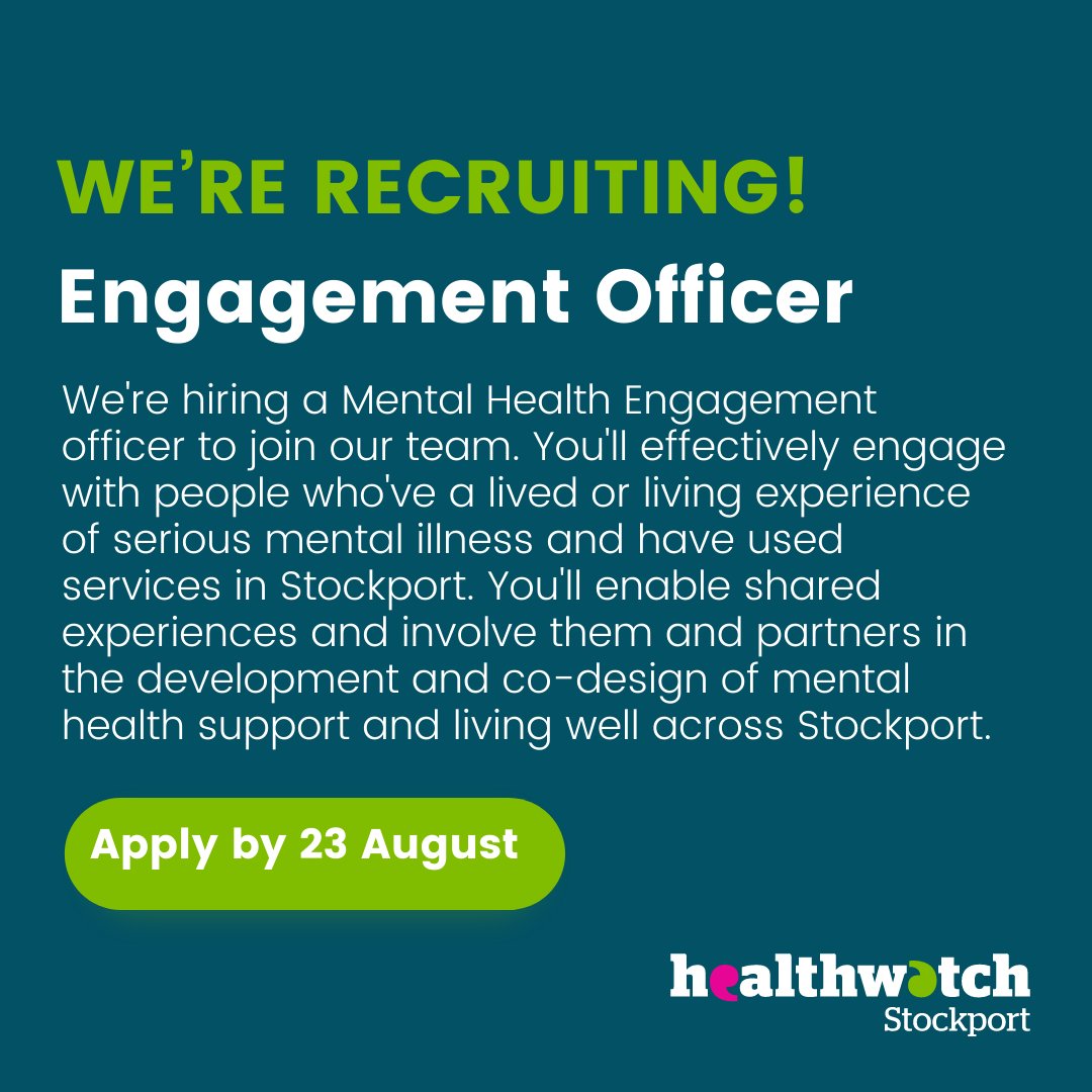 We’re hiring a Mental Health Engagement Officer!
21 hours per week
Contact us for the full recruitment pack &amp; application form:
0161 974 0753 or Info@healthwatchstockport.co.uk

Applications by 23 Aug, 4pm
Interviews: 30/31 Aug

#job #mentalhealth #healthwatchstockport
