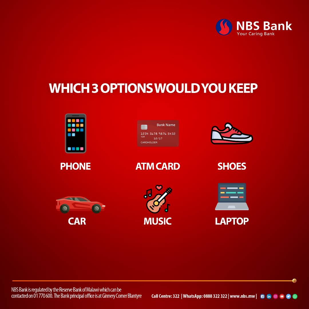 NBSBankMw's tweet photo. Your caring bank would like to know, which 3 things would you keep? Let us know in the comments below.

#NBSBank #Malawi #TheChoiceIsEazy #ItsClear https://t.co/zLdBhLQefq