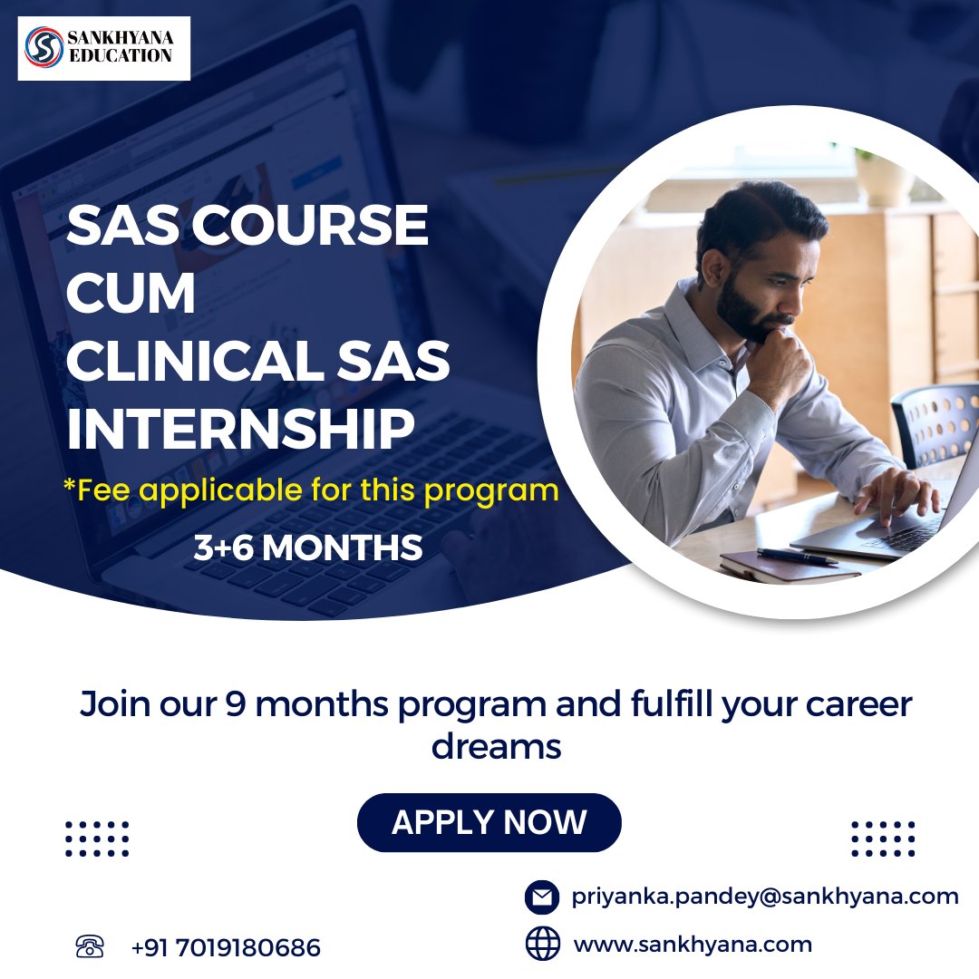 sankhayana's tweet photo. ๐ท Launch Your Career with our SAS Course cum Clinical SAS Internship! ๐ท
Register Here: https://t.co/fcQ35pBnSG
#SASCourse #ClinicalSASInternship #HealthcareAnalytics #DataDrivenHealthcare #CareerBoost #MedicalResearch #JoinUsToday https://t.co/mmSdT6QCbN