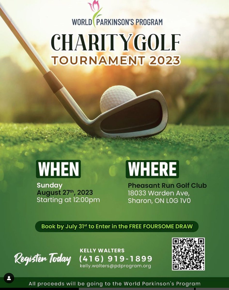 The World Parkinson’s Program invites you to attend our Golf Tournament on August 27th at the Pheasant Run Golf Club! 

Help us advocate for people living with Parkinson’s and empower their lives by supporting our event!

Register by July 31st to enter the FREE FOURSOME DRAW!
