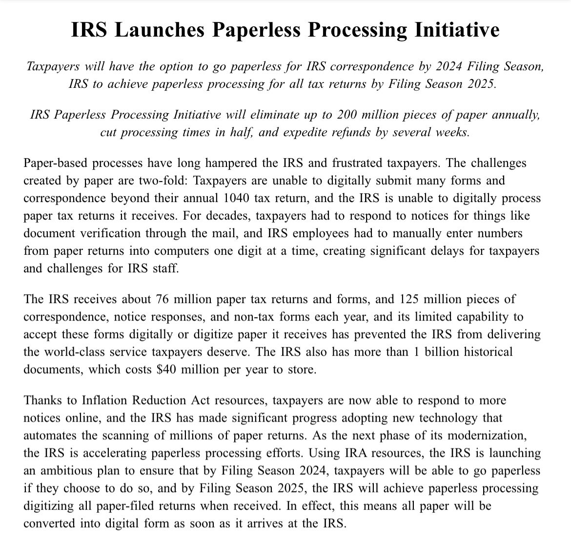 TODAY: @SecYellen in Virginia to launch the IRS Paperless Processing initiative, made possible by Inflation Reduction Act funds. More here ⬇️