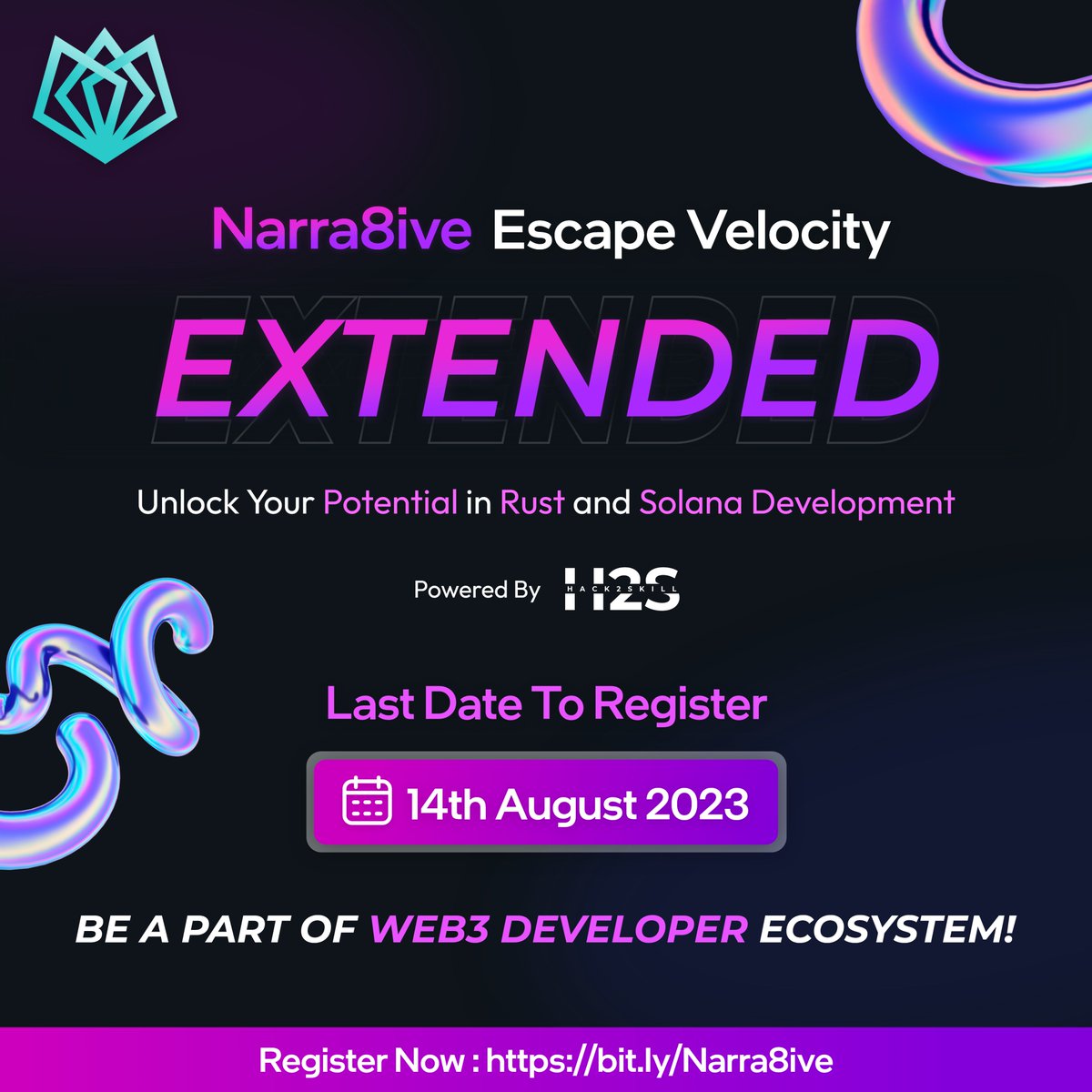 hack2skill's tweet photo. Have you missed being a part of our #developer cohort?

Fret not! 😉 @narra8ive Escape Velocity Extended powered by #Hack2skill is back with a transformative learning journey in #Rust &amp; #Solana development. 🚀

📝Register before 14th August: https://t.co/x32umpsFek https://t.co/yKjWCJ624t