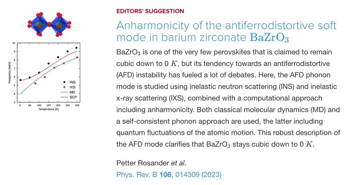 PhysRevB's tweet photo. PRB Editors' Suggestion: #Anharmonicity of the #antiferrodistortive soft mode in barium zirconate #BaZrO3
P. Rosander, E. Fransson, C. Milesi-Brault, C. Toulouse et al.,
Phys. Rev. B 108, 014309
➡️ https://t.co/7tg4HDrVg9
#OpenAccess #EdSugg #condmat #physics @APSPhysics https://t.co/DPFF12g7ol