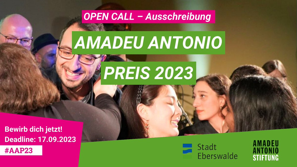 AmadeuAntonio's tweet photo. ⚠️ OPEN CALL für den #AAP23 ⚠️
Kunst mit klarer Haltung, für Demokratie, Menschenrechte und Diversität sowie eine offene Gesellschaft? Die ehren wir beim Amadeu Antonio Preis 2023! Der Preis erinnert seit dessen 25. Todestag an Amadeu Antonio und seinen gewaltsamen Tod.
1/7 https://t.co/46wMJap1mh