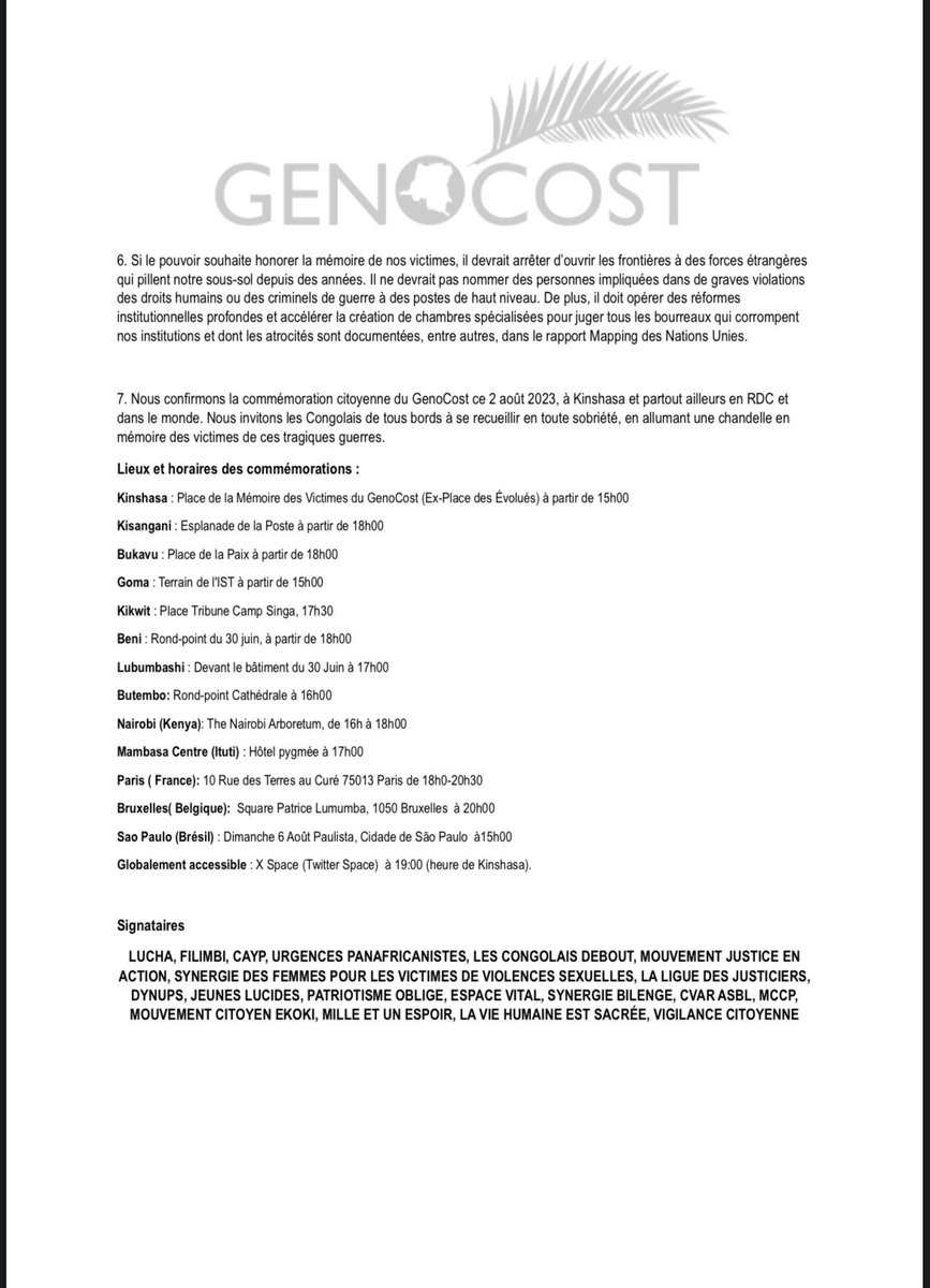 Aujourd'hui, nous commémorons le GENOCOST, un sombre chapitre de l'histoire qui a coûté la vie à des millions d'innocents. C'est une journée où nous devons nous rappeler les souffrances inimaginables subies par les Congolais et honorer leur mémoire. Nous devons également