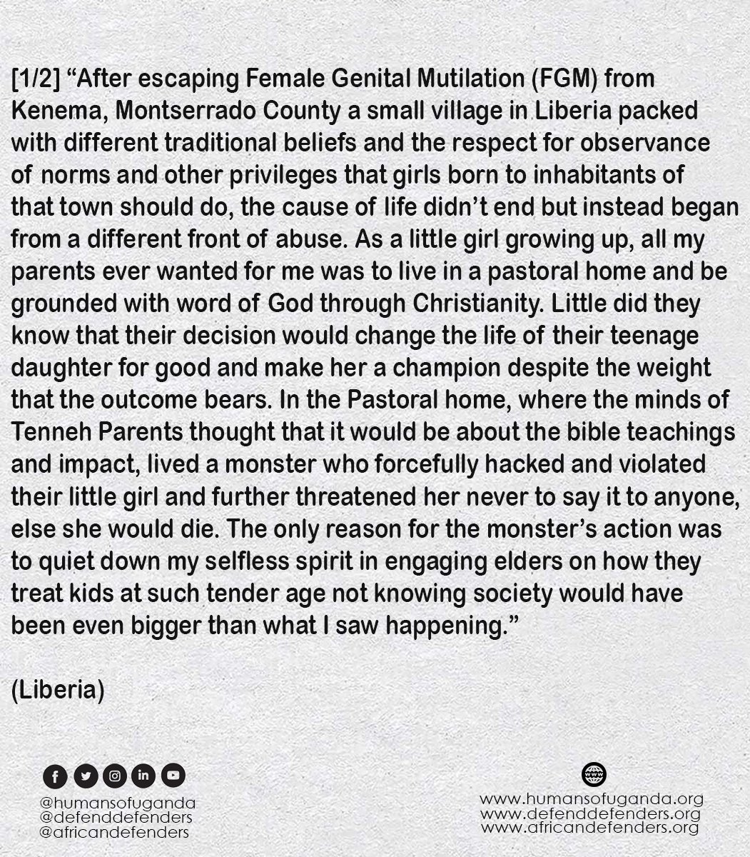 humansofuganda's tweet photo. [1/2] “After escaping Female Genital Mutilation from Kenema, Montserrado County a small village in Liberia packed...."
#HumanRightsDefendersStories #DefendersStories #DefendDefenders #HOUgXDefendDefenders #HumansOfUganda https://t.co/DVr4BJPQ7u