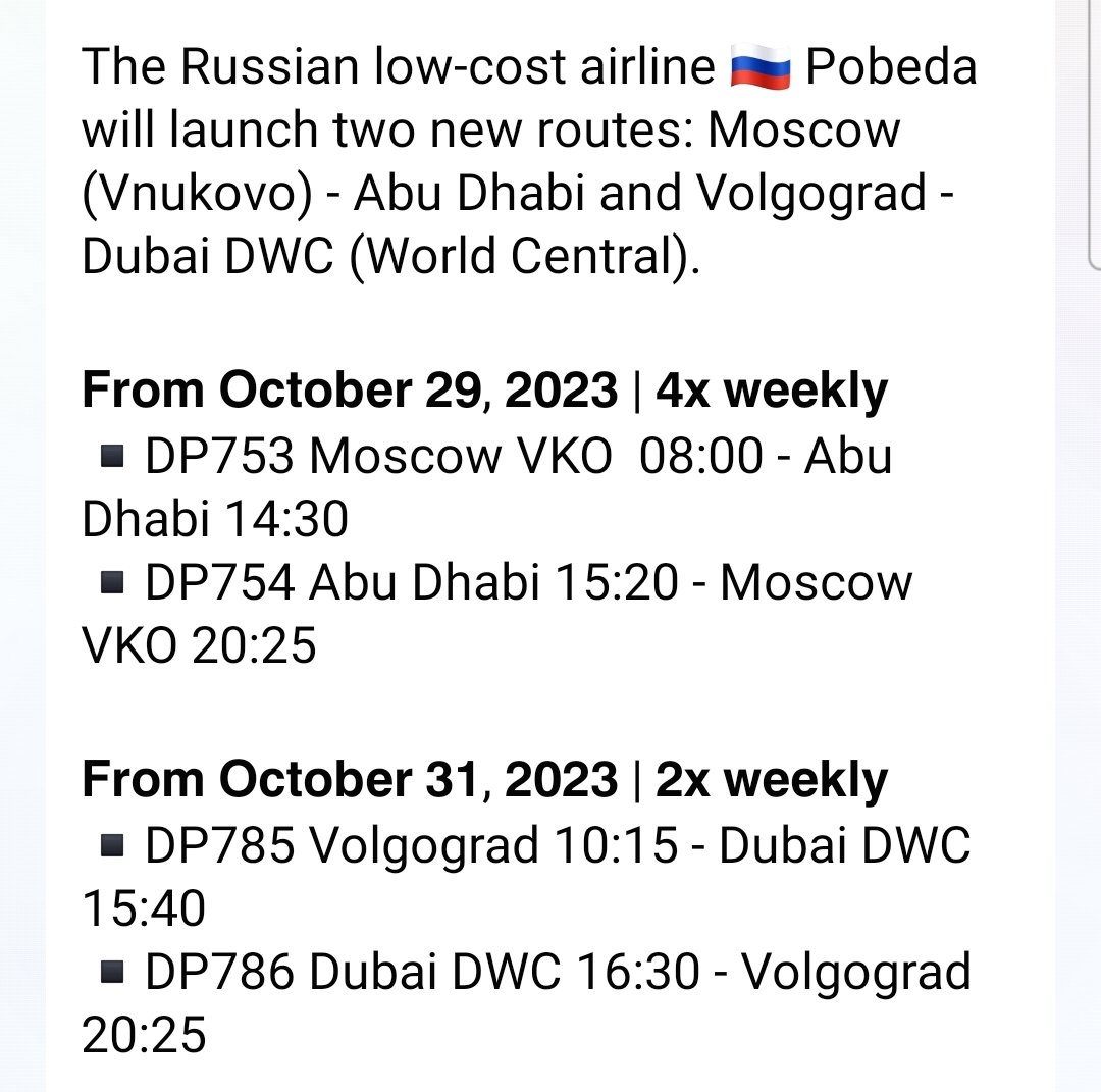 FlightModeblog's tweet image. 🇷🇺 #Pobeda will launch two new routes: #Moscow (Vnukovo) - #AbuDhabi and Volgograd - #Dubai DWC (World Central). 📷 ©Pobeda

#Russia #UAE #aviation #AvGeek #avgeeks #flights #Travel #traveler
