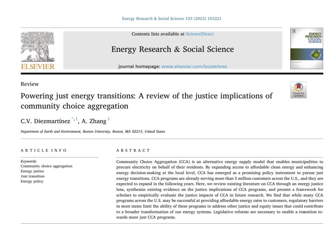 Fresh off the press: Alicia Zhang and I review the #justice implications of community choice aggregation. Read here: authors.elsevier.com/a/1hWWG7tZ6Z-F… #energyjustice #climatejustice #environmentaljustice @BUEarth @bu_urban @IGS_BU @BUonCities