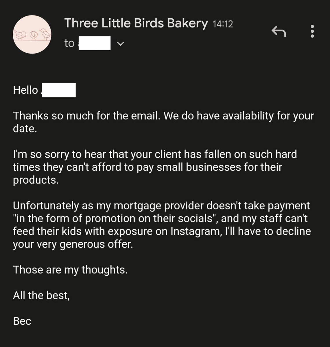 mat_hil's tweet image. Catherine Tyldesley providing the Three Little Birds Bakery with far more exposure by being declined than they could ever wish for by dishing out freebies. (delicious cakes too from @3LBBakery !) #CakeGate