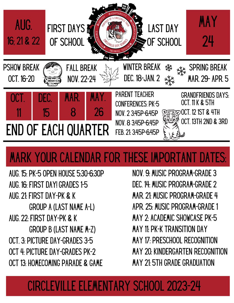 CirclevilleCity's tweet photo. Tigers in 1st-12th grades return to school two weeks from today on Wed. Aug. 16th!

PK and K Tigers will operate on a staggered start by last name on Mon. Aug. 21st &amp; Tues. Aug. 22nd!

Below are Save the Dates for our Signature Events at Circleville City Schools! #Tigersfirstday https://t.co/ym652oRQ6Q