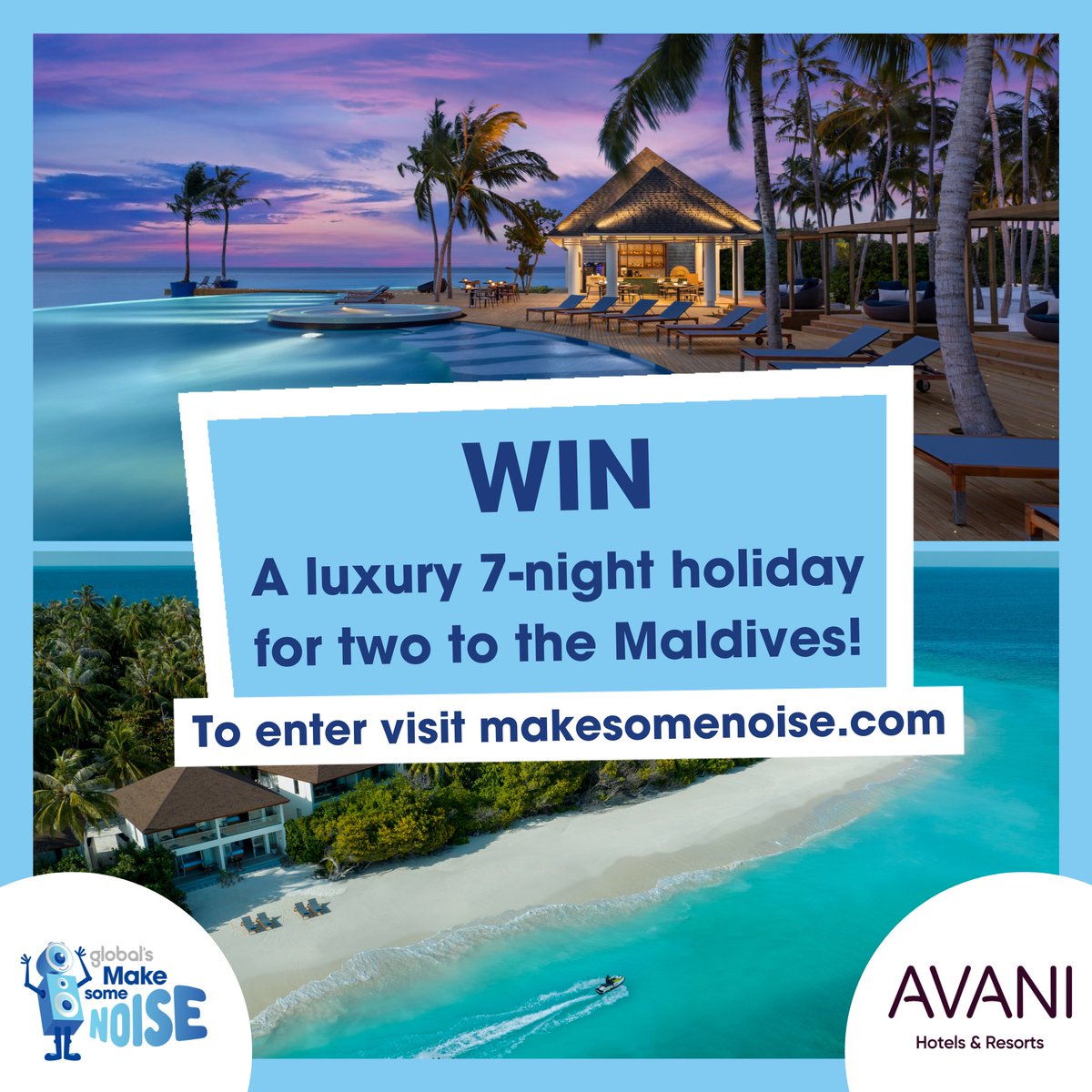 Ever find yourself dreaming about being on a paradise island? 🏝️

You could #WIN a luxury 7-night holiday for two to the #Maldives, thanks to <a href="/Avani_Hotels/">Avani Hotels</a> ☀️

Enter now at makesomenoise.com. 100% of your donation helps us to change lives 🫶
