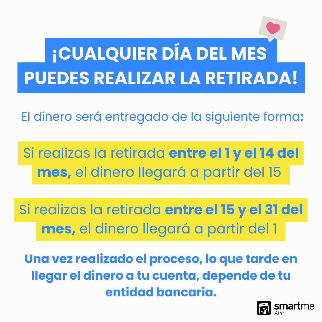 Smartme_App's tweet photo. ¡Desliza 👉 para conocer las fechas en las que recibes el dinero retirado de tu cuenta vip! 📷#smartmeapp #dineroextra #estudiosdemercado #cuentavip https://t.co/B6hs48493i