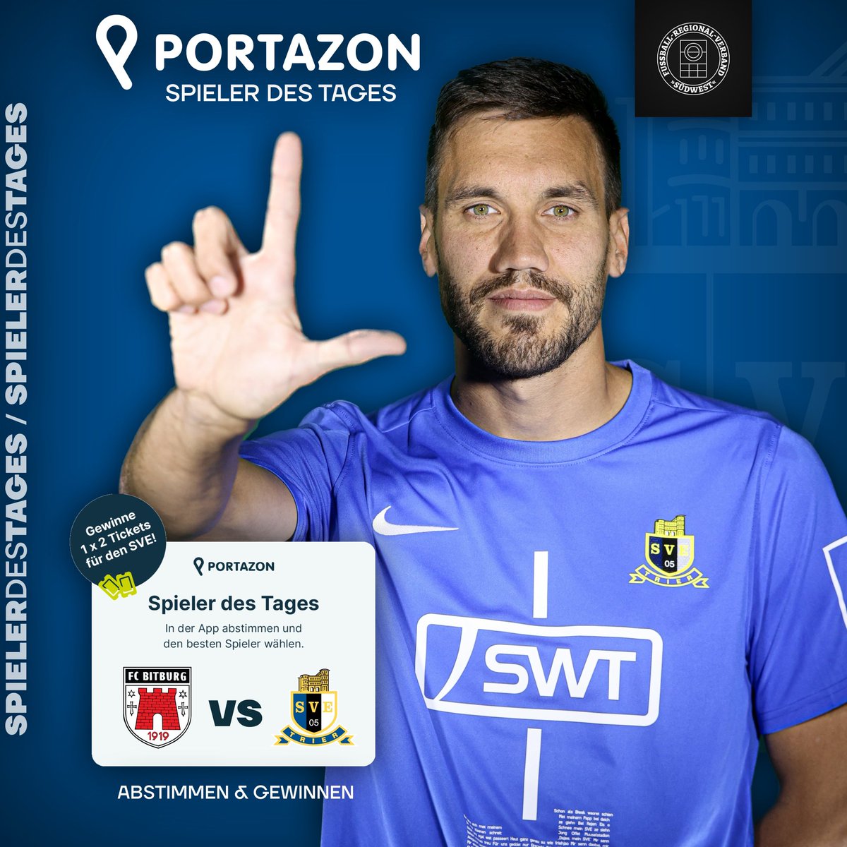 Der Spieler des Tages - präsentiert von @portazon.de 🇪🇪

Einfach in der @portazon.de App für euren Spieler des Tages abstimmen und schon seid ihr dabei! 🤝🏼

🔵⚫️⚪️
#eintrachttrier
#portaaufderbrust 
#blauschwarzundweiß 
#mirsenndaobei  

📸: Sebastian Schwarz