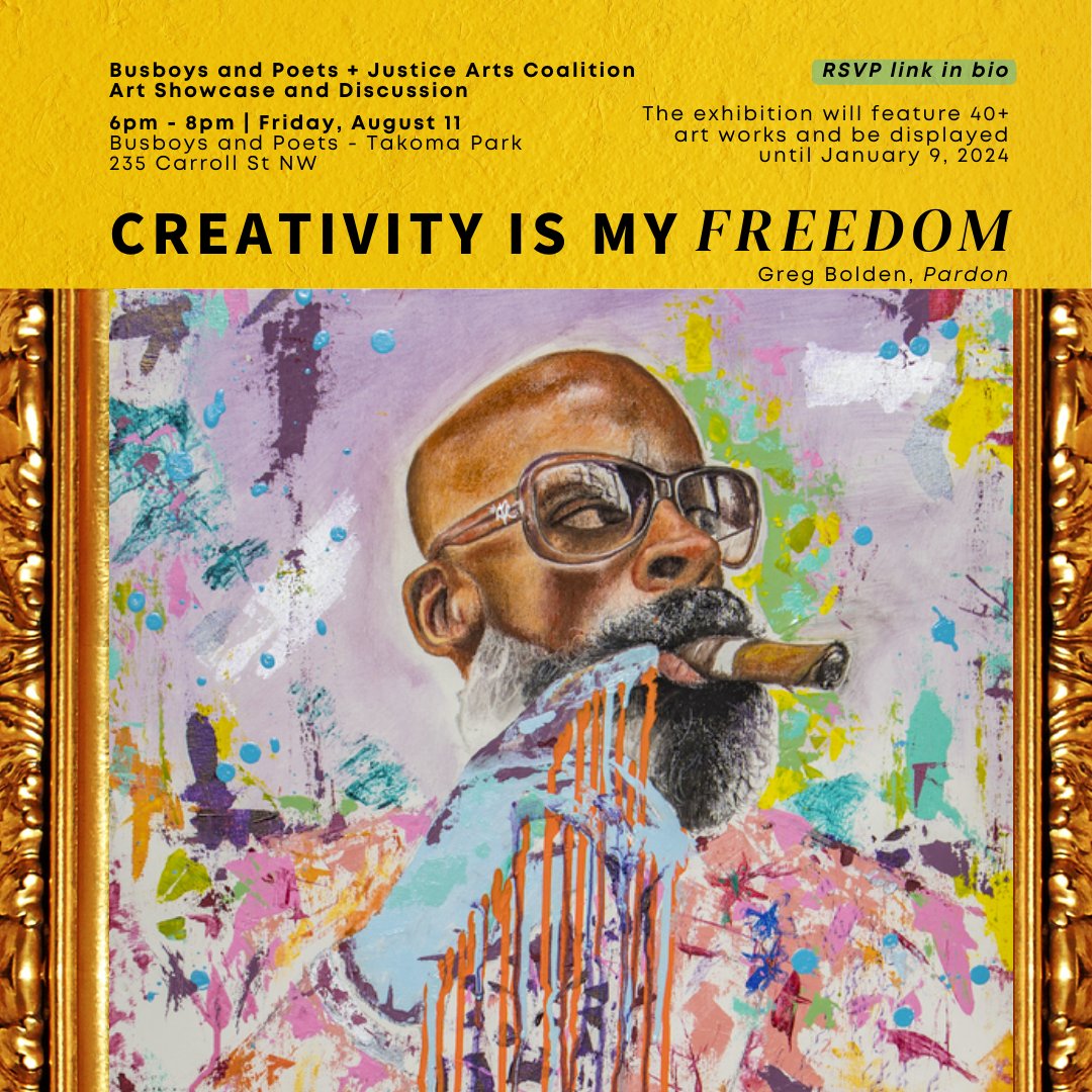 JusticeArtsOrg's tweet photo. EXHIBITION DROP: Creativity is My Freedom is a collab with Busboys and Poets and Justice Arts Coalition (JAC) to share the depth of creative vision, explored across mediums, of formerly and currently incarcerated artists.
#thingstododmv #dmvevents #takoma #arttalk https://t.co/1DqtRUEi9i