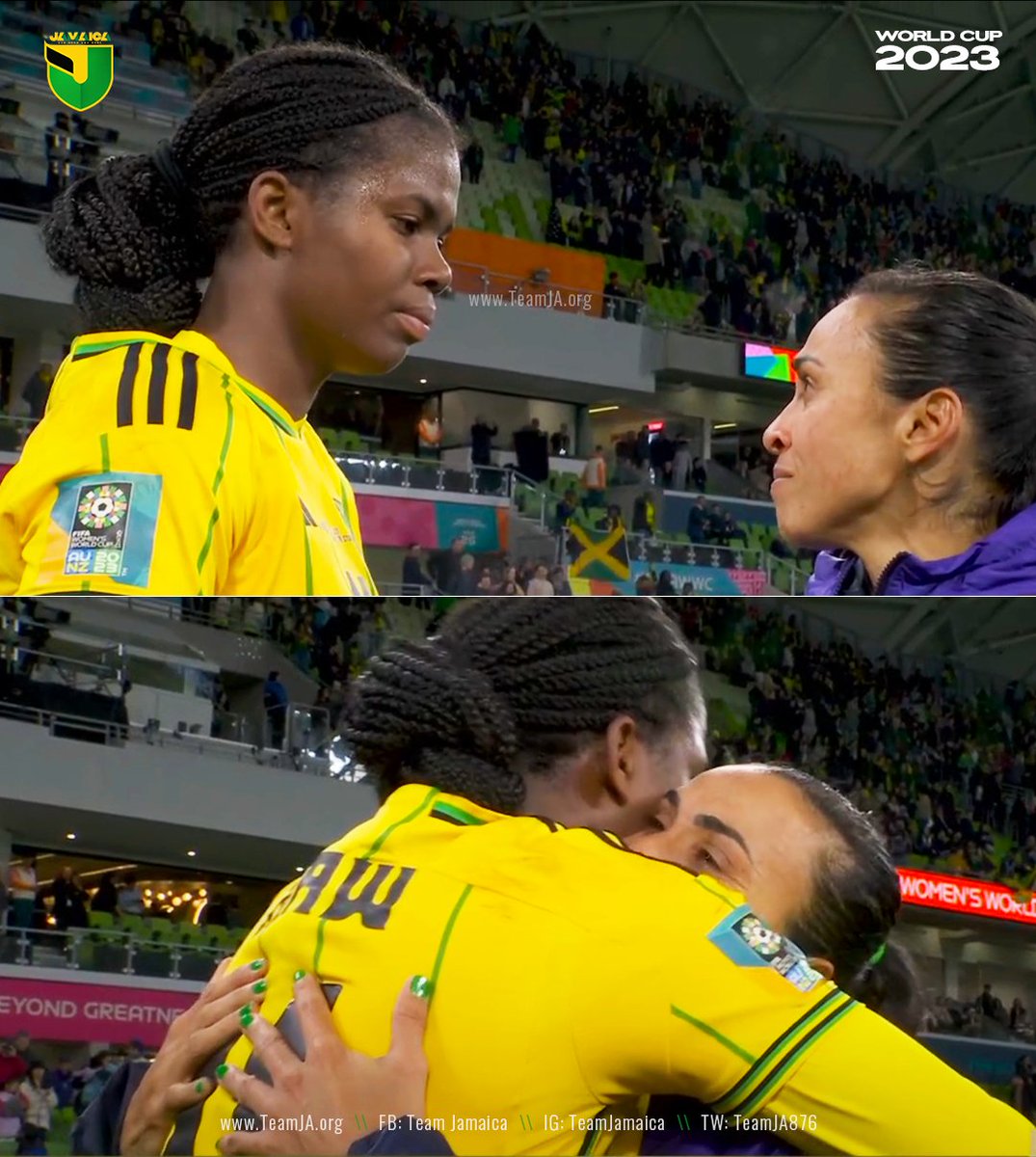 TeamJA876's tweet photo. The prolific Khadija 'Bunny' Shaw 🇯🇲 embraces her idol Marta 🇧🇷 after JAM 🇯🇲 0 - 0 🇧🇷 BRA match. 

Jamaica advances to the round of 16 for the first time Women's World Cup history.

#TeamJamaica #GuhHaadAndDone #FIFAWWC2023 https://t.co/T2n1RXwJKk