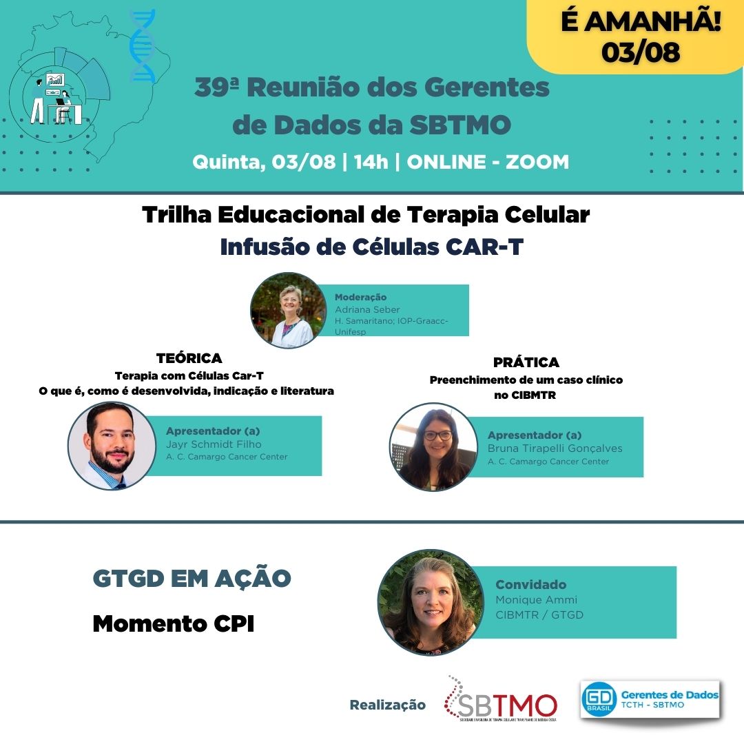 Amanhã, dia 03/08 (quinta-feira), às 14h, teremos a 39ª Reunião dos Gerentes de Dados da SBTMO. 

Para participar, acesse no horário de início da atividade o link zoom:
us06web.zoom.us/j/89202452945?…
ID da reunião: 892 0245 2945
Senha de acesso: gdsbtmo