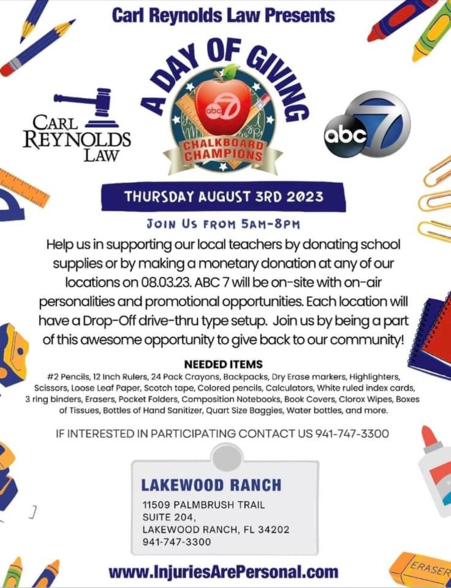 PartnersSdmc's tweet photo. Please support "A Day of Giving" on Thursday, August 3rd.  Donate school supplies at two locations: 11509 Palmbrush Trail, Lakewood Ranch, &amp; 820 43rd Street West, Bradenton.  School supplies will be donated to students @Manateeschools. Thank you @CarlReynolds247 and @mysuncoast. https://t.co/gRB0jCk1UZ