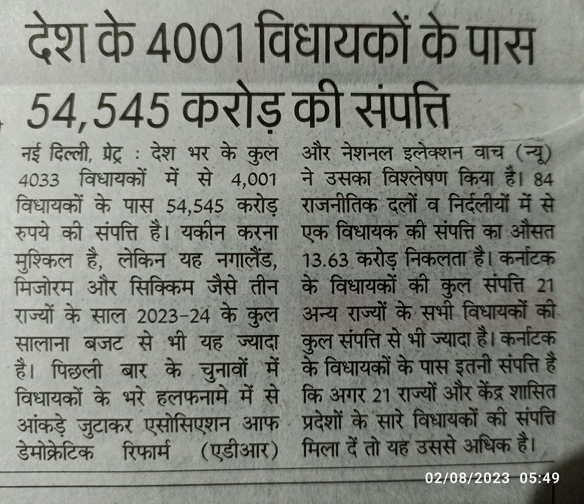 देश के कुल 4033 विधायकों में से 4001 के पास 54,545 करोड़ की संपत्ति है, इसका मतलब साफ है #लोकतंत्र नहीं बल्कि #पूंजीवाद का शासन है। 
<a href="/vijaykbandhu/">Vijay Kumar Bandhu</a> <a href="/NmopsInd/">NMOPS - National Movement For Old Pension Scheme</a> <a href="/Pramodksingh333/">Teacher Pramod Kumar Singh ATEWA NMOPS</a> <a href="/AtewaAligarh/">ATEWA UP / NMOPS UP</a> @nmopsdel <a href="/NeeluNegi5/">Neelu</a> <a href="/bhoori_dr/">Dr.Bhoori Singh</a> <a href="/AKP2336/">AKP #VOTE FOR OPS</a> 
#पुरानी_पेशन_बहाली_आंदोलन_अलीगढ़