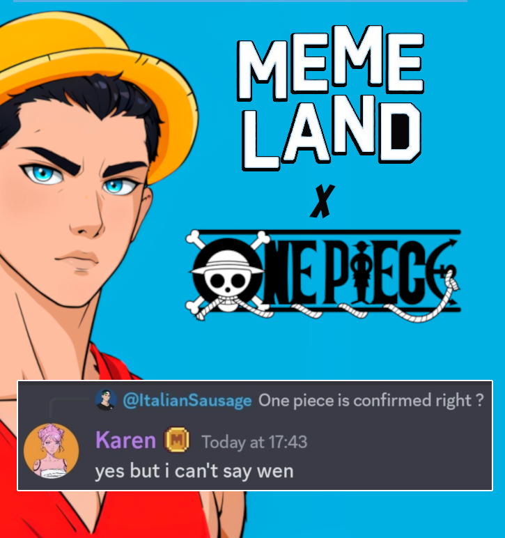 🏴‍☠️ The Memeland team has finally confirmed the collaboration between Captainz and One Piece. 

▪️ We'll have to wait for official details, but it's been speculated that One Piece will launch with the support of Casetify. 

▪️ This means One Piece is launching an NFT with its own