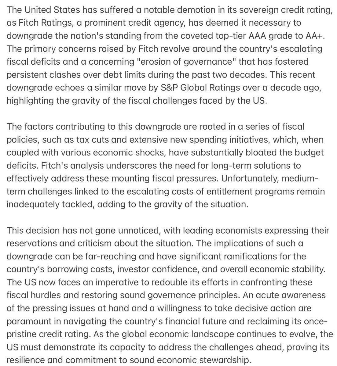 theeconcurrent's tweet photo. 📈💼 #USCreditDowngrade: Fitch Ratings slashes US sovereign credit rating from AAA to AA+, citing ballooning fiscal deficits &amp; governance issues. #Economy #Fitch #FiscalPolicy #EconomicNews #USA #Finance https://t.co/LwJZo5qyfy