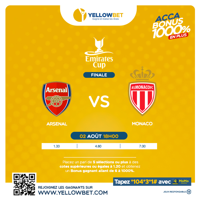 Yellowbetcongo's tweet photo. 🏆⚽️ FINALE EMIRATES CUP 🌟🔥
#Arsenal affronte #Monaco ce soir à 18:00 dans un duel épique pour le titre !
Qui soulèvera le trophée tant convoité ?
Pariez vite ici 👉 https://t.co/dmhdKIDPZd
#YellowBetCG #EMIRATESCUPFinal #ArsenalvsMonaco https://t.co/ZbbbAh1iCy