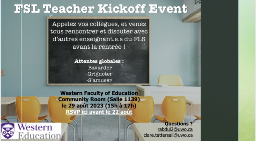 RosanneAbdulla's tweet photo. Calling all FSL educators!! @westernuEdu invites you to celebrate la rentrée with good food and great networking on Aug 29th from 3-5pm. We will also be presenting our exciting FSL event calendar for the upcoming year! RSVP here: https://t.co/dMts9Kfy6S https://t.co/UVcJp14hVv