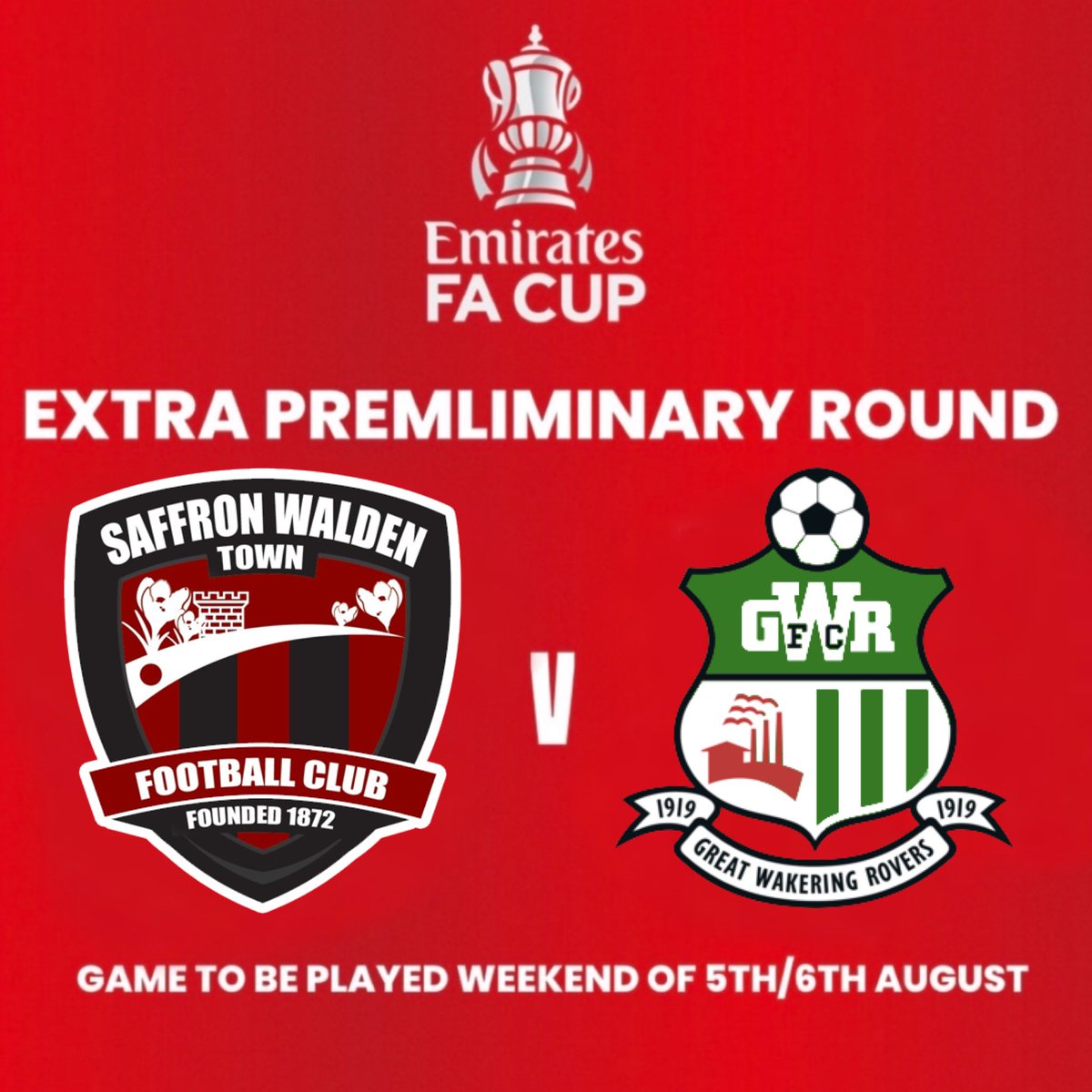 Gt Wakering Rovers (@gwrovers) on Twitter photo 🟢⚪️Next Match ⚪️🟢
Next up we face Saffron Walden on Saturday in the Emirates FA Cup!
🆚 <a href="/SWTFootballClub/">Saffron Walden Town FC</a>
🏟️ Catons Lane
📍 Saffron Walden, CB10 2DU
🗓️ 05/08/23
⏰ 15:00
💷 £8/£5/£1
🏆 <a href="/EmiratesFACup/">Emirates FA Cup</a> 🟢⚪️Next Match ⚪️🟢
Next up we face Saffron Walden on Saturday in the Emirates FA Cup!
🆚 <a href="/SWTFootballClub/">Saffron Walden Town FC</a>
🏟️ Catons Lane
📍 Saffron Walden, CB10 2DU
🗓️ 05/08/23
⏰ 15:00
💷 £8/£5/£1
🏆 <a href="/EmiratesFACup/">Emirates FA Cup</a>