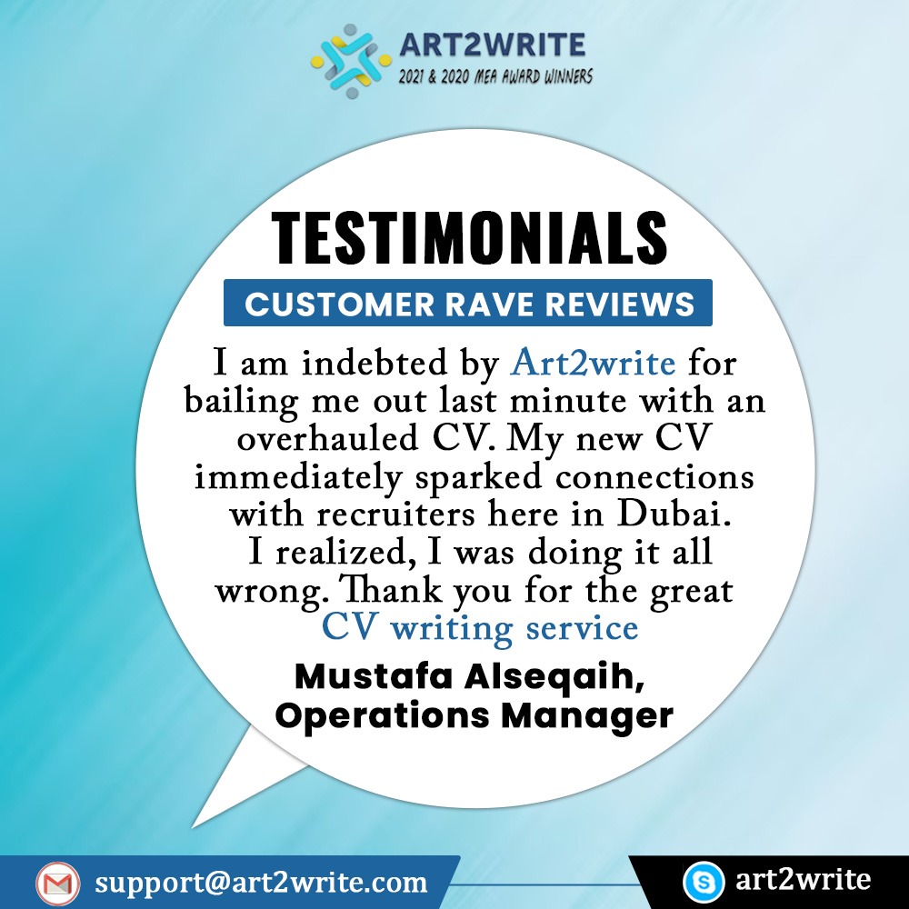 art2_write's tweet photo. Another New Testimonial From Our Customer ✨
Looking to upgrade your CV? Click here to learn more about how our team can help:

👉🏻Art2write👈🏻
Skype: art2write
🔗: https://t.co/GA1ZNKBLXQ

#ClientTestimonial #Testimonials #CVwriting #CV #Resume #ResumeWriting #UAE #Dubai #Jobs https://t.co/jbmyNq2Ulr