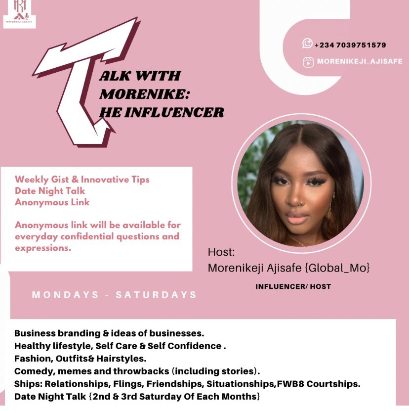 GLOBAL__MO's tweet photo. Talk With Morenike The Influencer | Today is a business talk instead of fashion, outfits & styles. I'm sorry I couldn't give tips on Monday & Tuesday, so today I'm giving you these tips for your brand growth Mo’Nation 🌍. Do well to learn you need it😌😘
#moreniketheinfluencer https://t.co/DgWP3AZ7wp