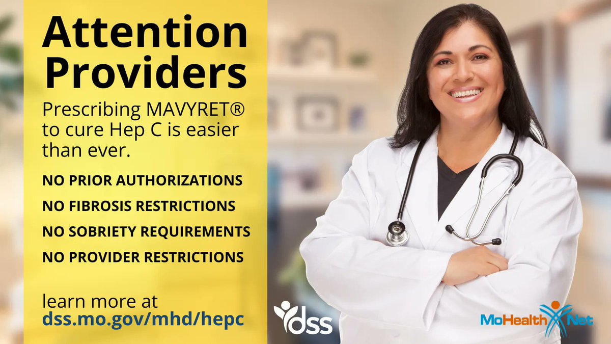 DSS_Missouri's tweet photo. Attn Providers: Prescribing Mavyret to cure hep C is easier than ever. No PAs, No Fibrosis Restrictions, No Sobriety Requirements, No Provider Restrictions. Learn more at https://t.co/AOaUi5wfMy #MOHealthNet | #ProjectHepCure https://t.co/6pTjsJsJ8C